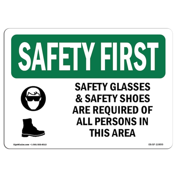 OSHA Sign, Glasses And Shoes W/ Symbol, 18in X 12in Aluminum, 18" W, 12" H, Landscape